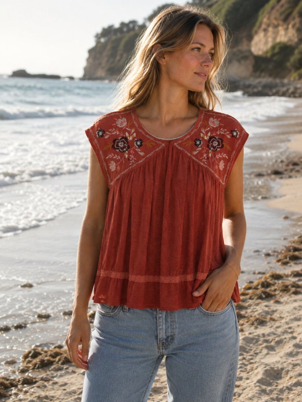 🍂 Knox Rose Terracotta Embroidered Cap Sleeve Boho Top | Floral Blouse | Medium